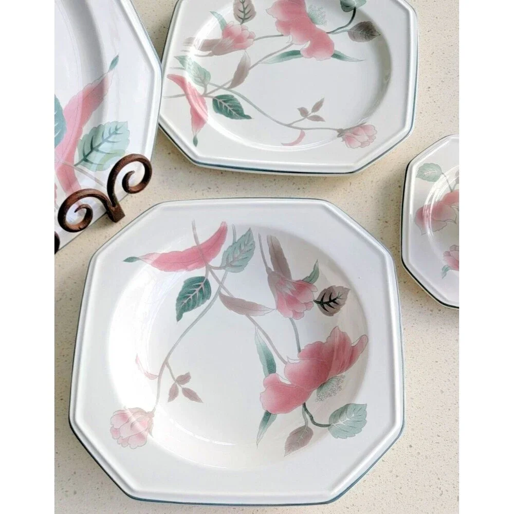 Set of Mikasa Continental Silk Flowers Square Dishes, Bowls, Cups, Saucers